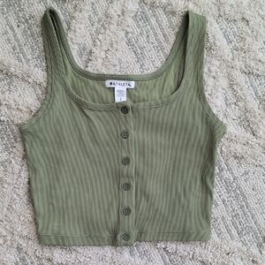 Athleta Olive Ribbed Button-Front Crop Tank Top